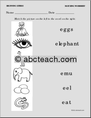 Matching: Picture to Word Letter E (PreK-1)