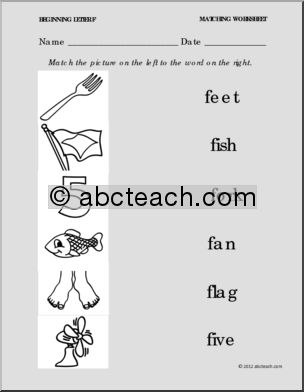 Matching: Picture to Word Letter F (PreK-1)