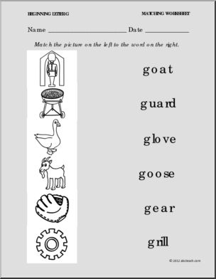 Matching: Picture to Word Letter G (PreK-1)