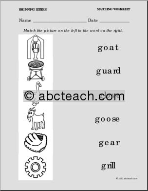 Matching: Picture to Word Letter G (PreK-1)