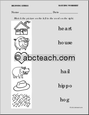 Matching: Picture to Word Letter H (PreK-1)