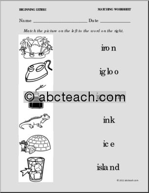 Matching: Picture to Word Letter I (PreK-1)
