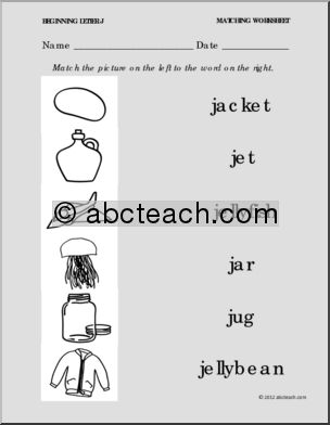 Matching: Picture to Word Letter J (PreK-1)