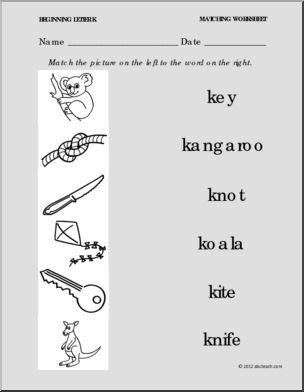 Matching: Picture to Word Letter K (PreK-1)