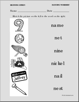 Matching: Picture to Word Letter N (PreK-1)
