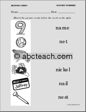 Matching: Picture to Word Letter N (PreK-1)