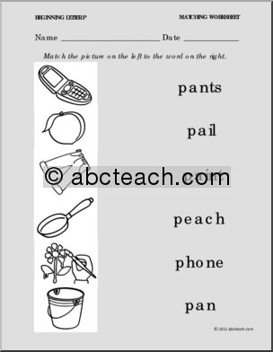 Matching: Picture to Word Letter P (PreK-1)