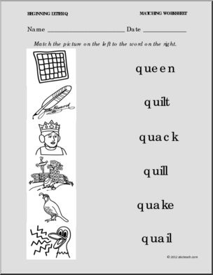 Matching: Picture to Word Letter Q (PreK-1)