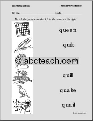 Matching: Picture to Word Letter Q (PreK-1)