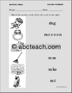 Matching: Picture to Word Letter R (Prek-1)