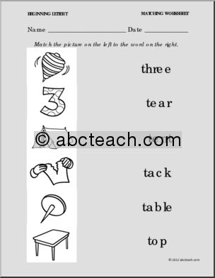 Matching: Picture to Word Letter T (PreK-1)