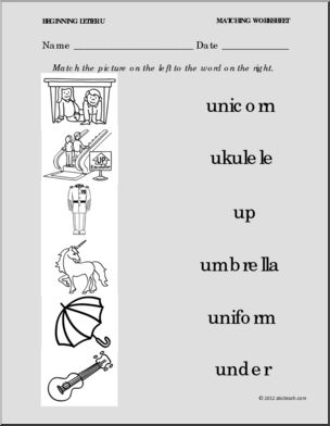 Matching: Picture to Word Letter U (PreK-1)