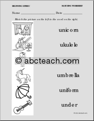 Matching: Picture to Word Letter U (PreK-1)