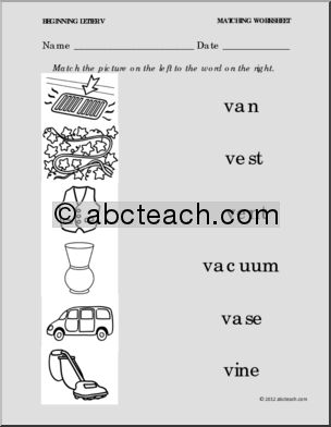 Matching: Picture to Word: Letter V (PreK – 1)