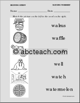 Matching: Picture to Word: Letter W (PreK – 1)