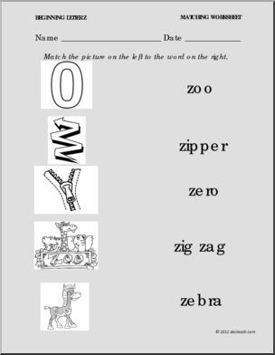 Matching: Picture to Word: Letter Z (PreK-1)