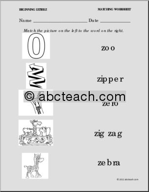 Matching: Picture to Word: Letter Z (PreK-1)