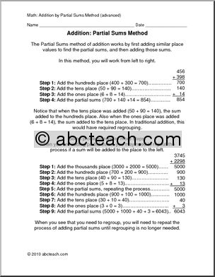 Partial Sum Addition (upper elem) Rules and Practice
