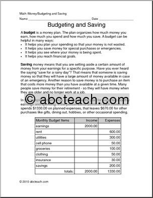 Math: Money; Budgeting & Saving (upper elem/middle)