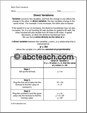Math: Algebra; Direct Variations (upper el/middle)