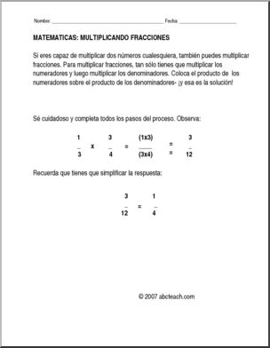 Spanish: MatemÂ·ticas – Fracciones:  ExplicaciÃ›n de MultiplicaciÃ›n (elementaria/secundaria)