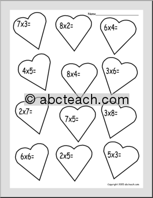 Multiplication Facts – Hearts (elementary) Worksheet