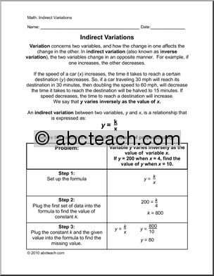 Math: Algebra; Indirect Variations (upper el/middle)
