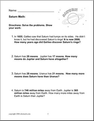 Worksheets: Outer Planet Math (elem/ upper elem)