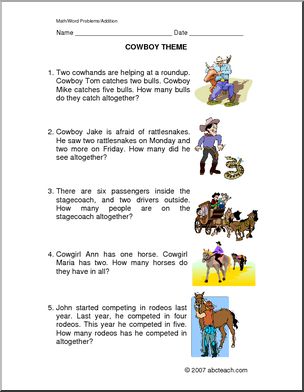 Word Problems: Cowboy Addition (primary)