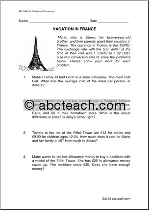 Conversion – Vacation in France (upper elem/middle) Word Problems