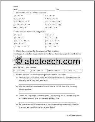 Equations and Word Problems (add/subtract) Worksheet
