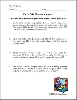 Fairy Tale Money (elem) Word Problems