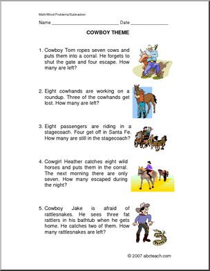 Word Problems: Cowboy Subtraction (primary)