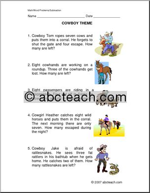 Word Problems: Cowboy Subtraction (primary)