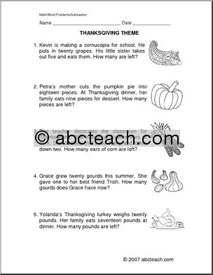 Thanksgiving Subtraction (primary) Word Problems