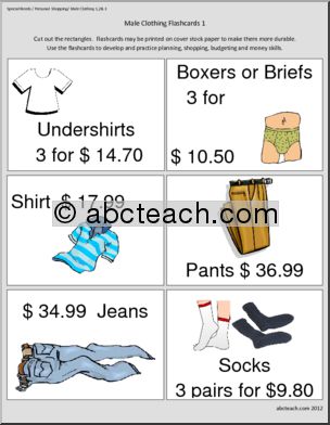 Special Needs: Personal Shopping Practice:  Flashcards: Male Clothing