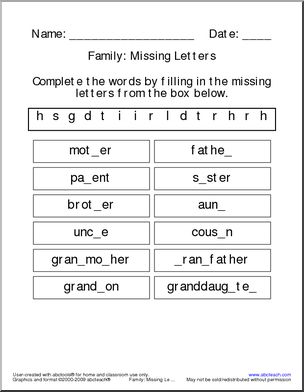 Family (letter bank) Missing Letters