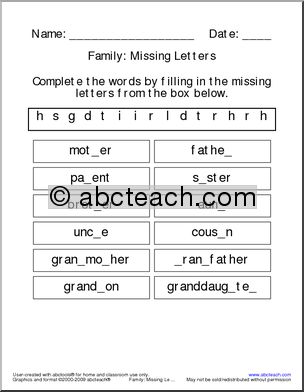 Family (letter bank) Missing Letters