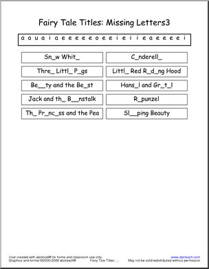 Fairy Tale Titles (vowels) Missing Letters