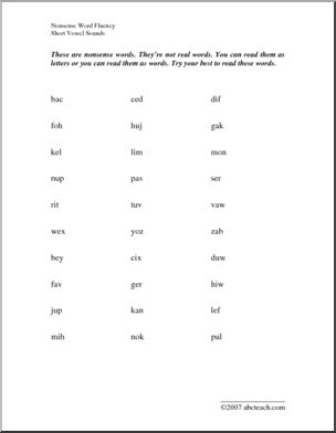 Testing Practice: Nonsense Words (short vowels)