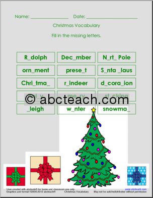 Christmas Vocabulary (color) Missing Letter