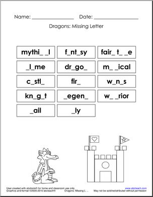 Missing Letter: Dragon Theme Words (medium) (k-1)