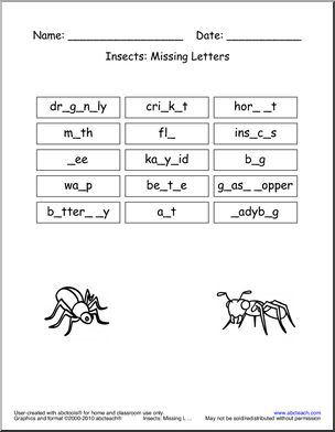 Missing Letter: Insects (hard) (primary/elementary)