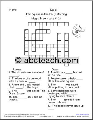 Crossword: Earthquake in the Early Morning; #24 Magic Tree House (elem)