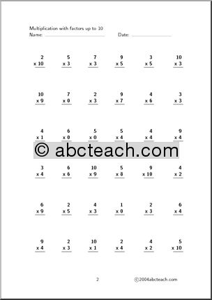Multiplication (up to 10, set 1) Worksheet