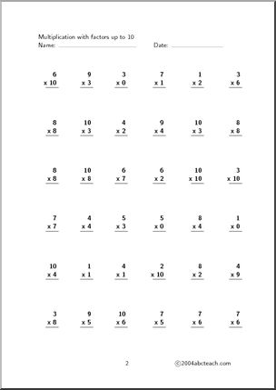 Multiplication (up to 10, set 3) Worksheet