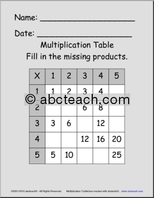 Multiplication Grid 5×5 fill-in (elem) Math