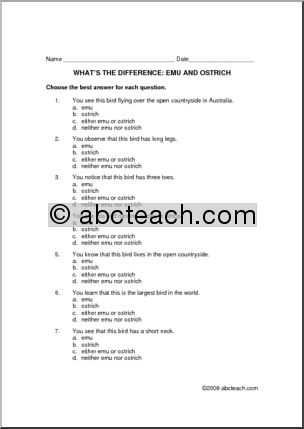 Worksheet: What’s the difference… between an emu and an ostrich?