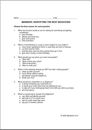Worksheet: Manners – Identifying Best Behaviors (upper elem/middle)