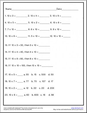 Multiplication (by 10, 11, and 12) Worksheet